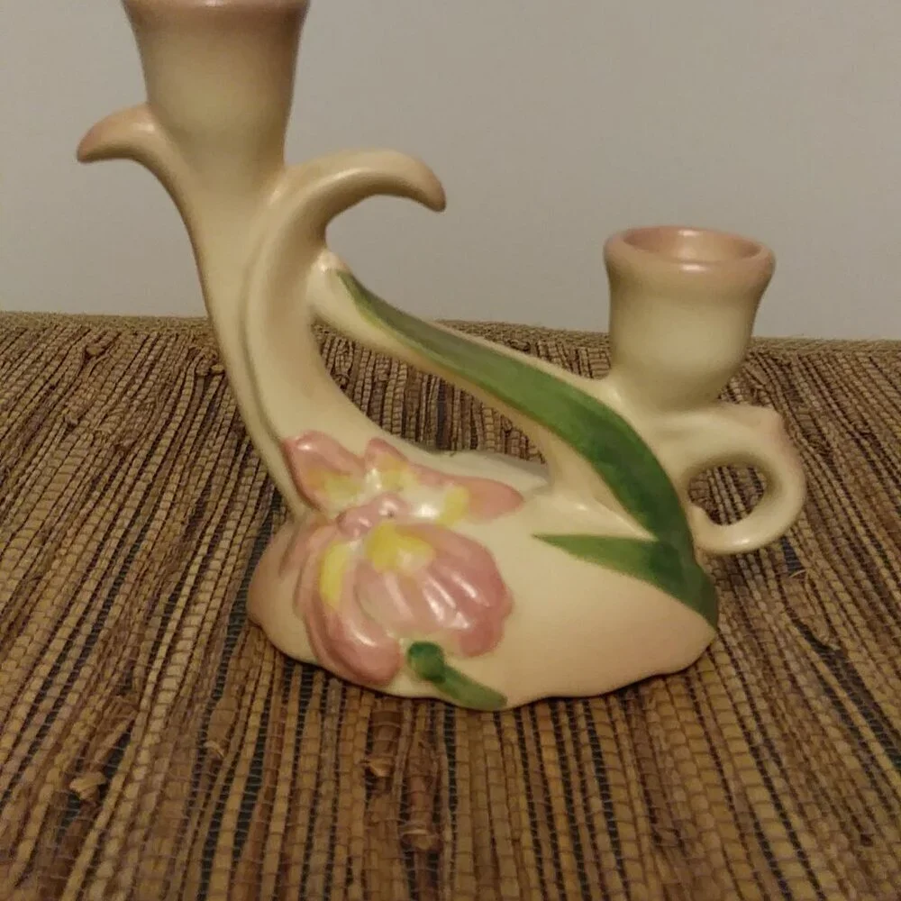 Vintage 1930s Camark Pottery Twin Candle Holder – Pink Iris Floral Art Deco US